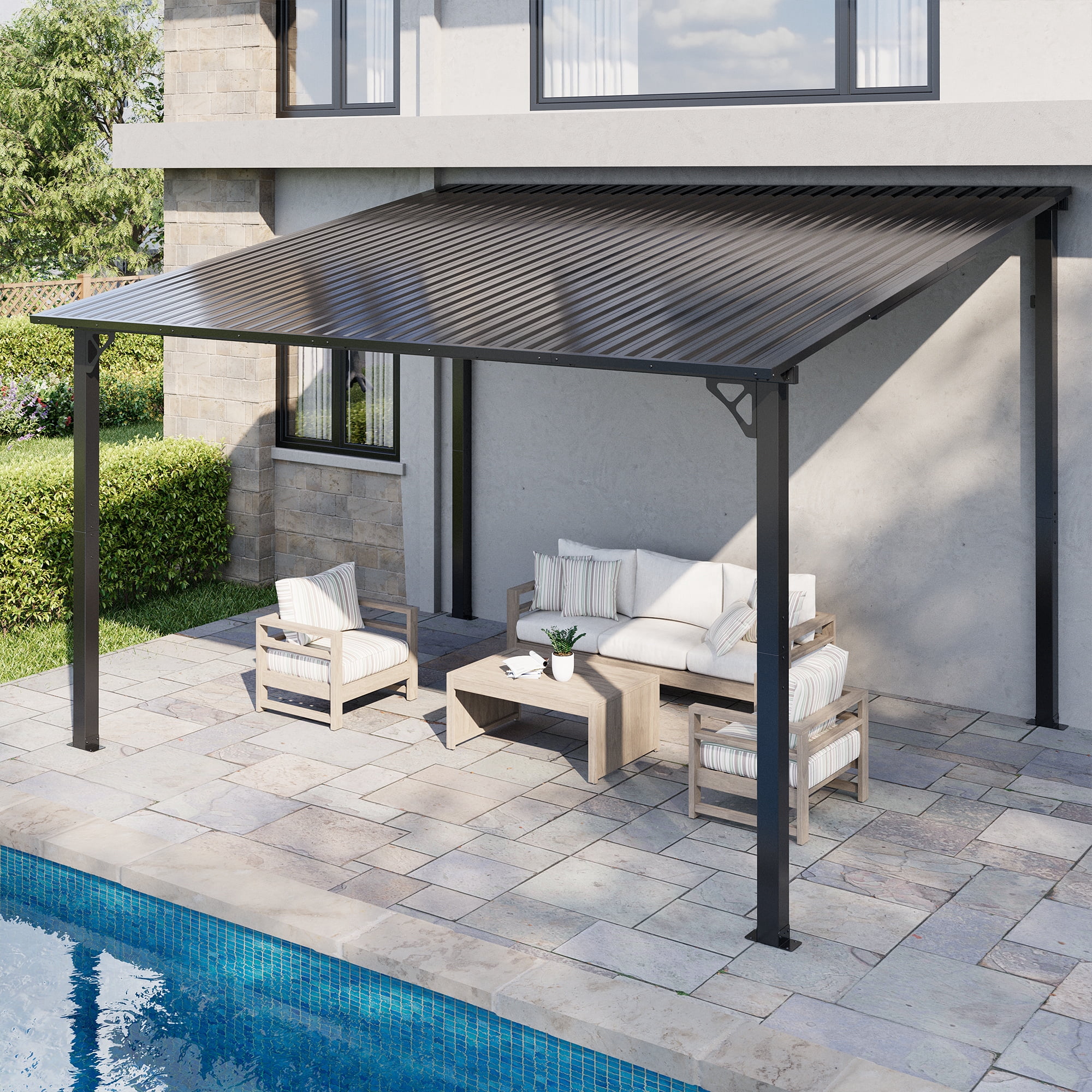 NETAJE 10'x12' Outdoor Metal Gazebo, Hardtop Wall Mounted Gazebo & Pergola with Metal Sloping Roof, for Backyard, Deck, Patio