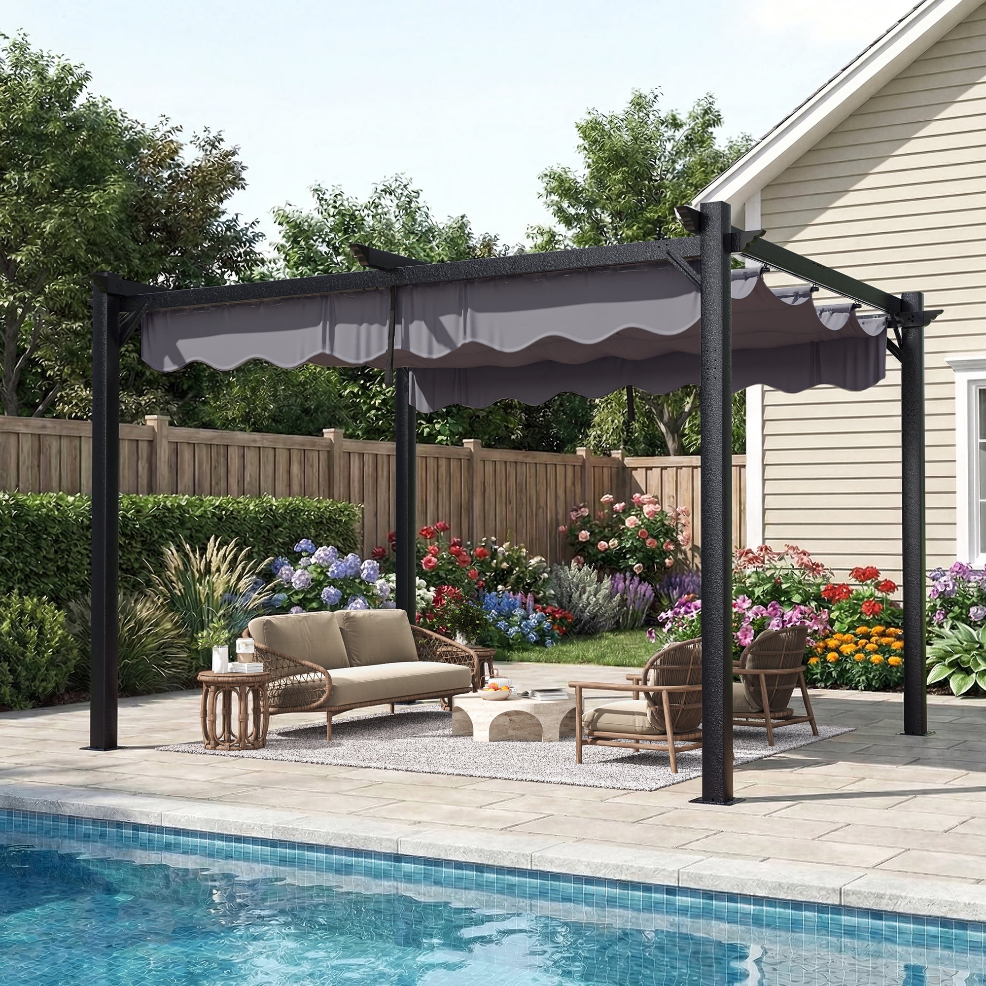 NETAJE 10'x12' Retractable Canopy Pergola, Heavy-Duty Outdoor Metal Gazebo Shelter with Adjustable Sun Shade, Patio Grape Trellis for Backyard, Deck, Garden