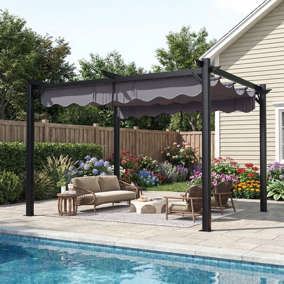 NETAJE 10'x12' Retractable Canopy Pergola, Heavy-Duty Outdoor Metal Gazebo Shelter with Adjustable Sun Shade, Patio Grape Trellis for Backyard, Deck, Garden