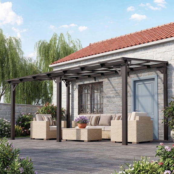 NETAJE 10'x14' Wall Mounted Gazebo Awnings, Permanent Hardtop Aluminum Pergola with Polycarbonate Roof, Outdoor Patio Canopy Shade Cover for Backyard, Decks, Garden