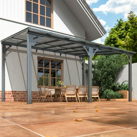 NETAJE 10'x14' Outdoor Splicable Gazebo, Hardtop Wall Mounted Gazebo & Pergola with Aluminum Frame and Sloping Roof, for Backyard, Deck, Patio-Gray