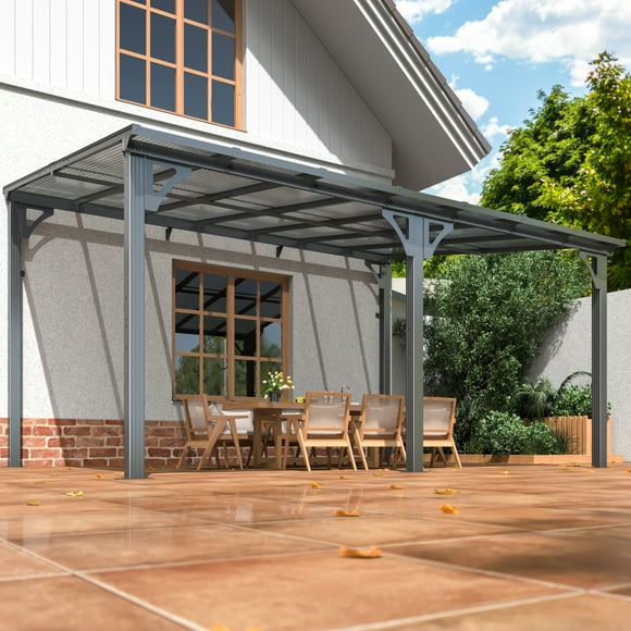 NETAJE 10'x14' Outdoor Splicable Gazebo, Hardtop Wall Mounted Gazebo & Pergola with Aluminum Frame and Sloping Roof, for Backyard, Deck, Patio-Gray