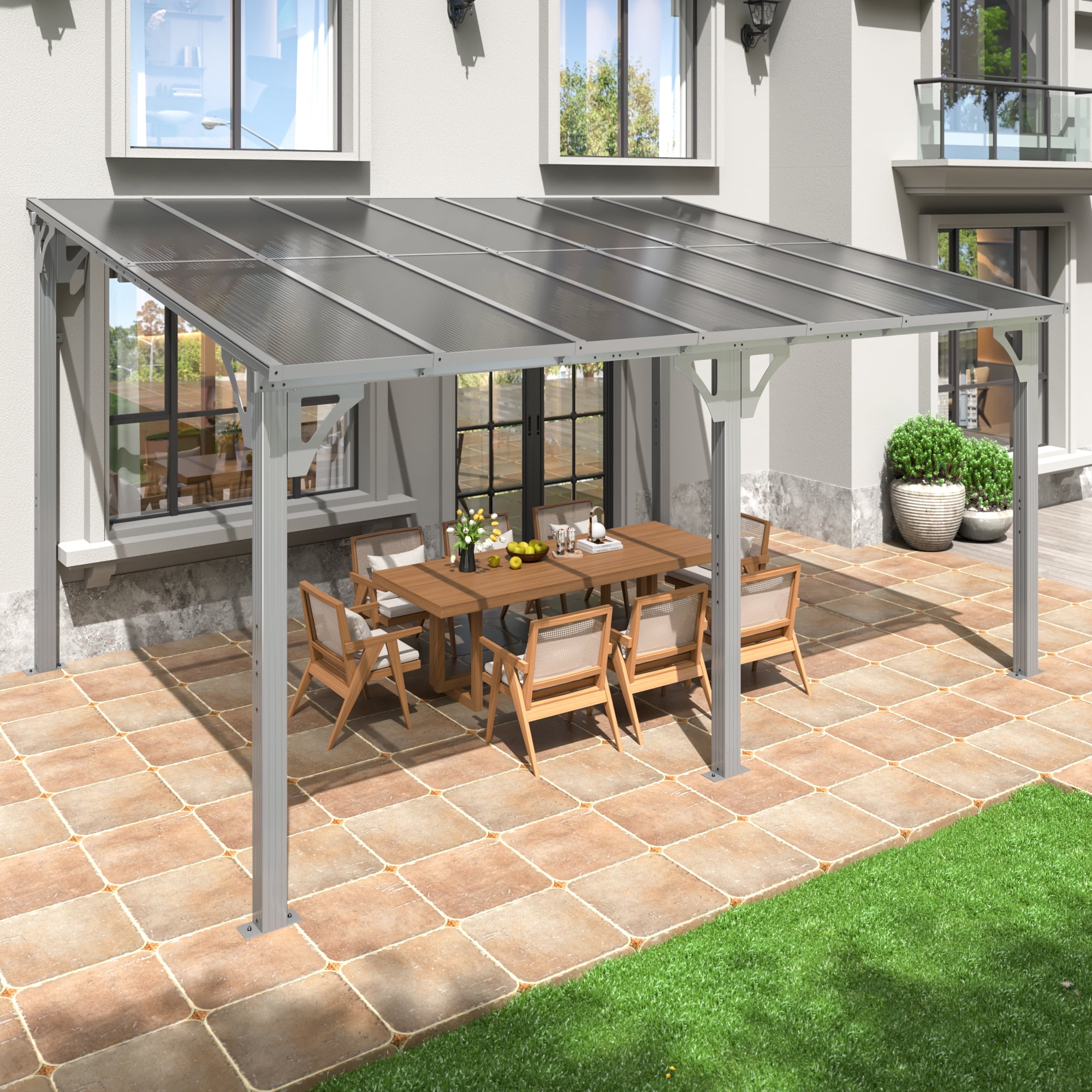 NETAJE 10'x14' Outdoor Splicable Gazebo, Hardtop Wall Mounted Gazebo & Pergola with Aluminum Frame and Sloping Roof, for Backyard, Deck, Patio-Gray