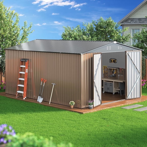 NETAJE 10'x14' Outdoor Metal Shed , Storage Shed with Updated Frame, Lockable Doors & Sliding Roof for Backyard, Garden, Brown