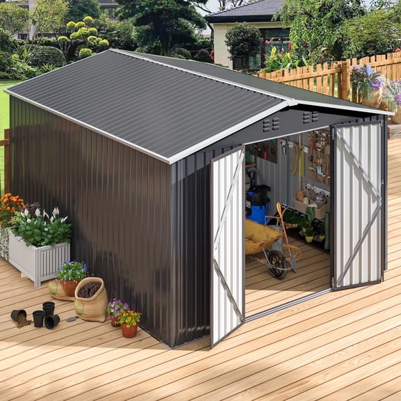 NETAJE 10'x14' Outdoor Metal Shed , Storage Shed with Updated Frame, Lockable Doors & Sliding Roof for Backyard, Garden, Black