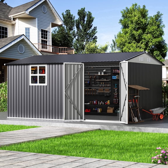 NETAJE 10x14' Outdoor Metal Storage Garden Shed with Window, Lockable Doors and Air Vent for Backyard, Garden, Lawn, Dark Gray