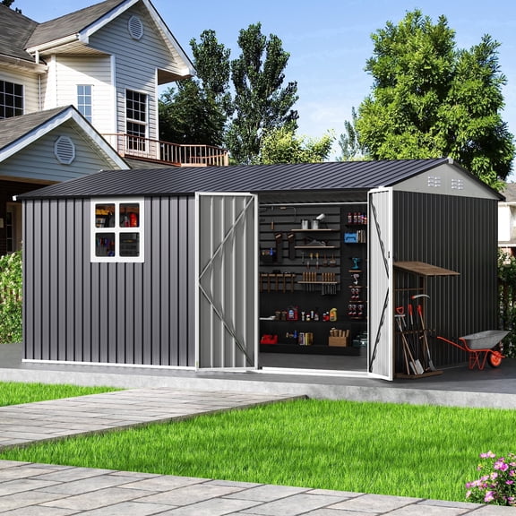 NETAJE 10'x14' Outdoor Metal Storage Garden Shed with Window, Lockable Doors and Air Vent for Backyard, Garden, Lawn, Dark Gray