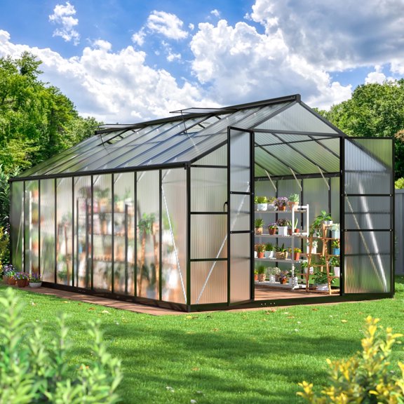 NETAJE 10'x18' Polycarbonate Greenhouse, Large Aluminum Walk-in Green House for Backyard