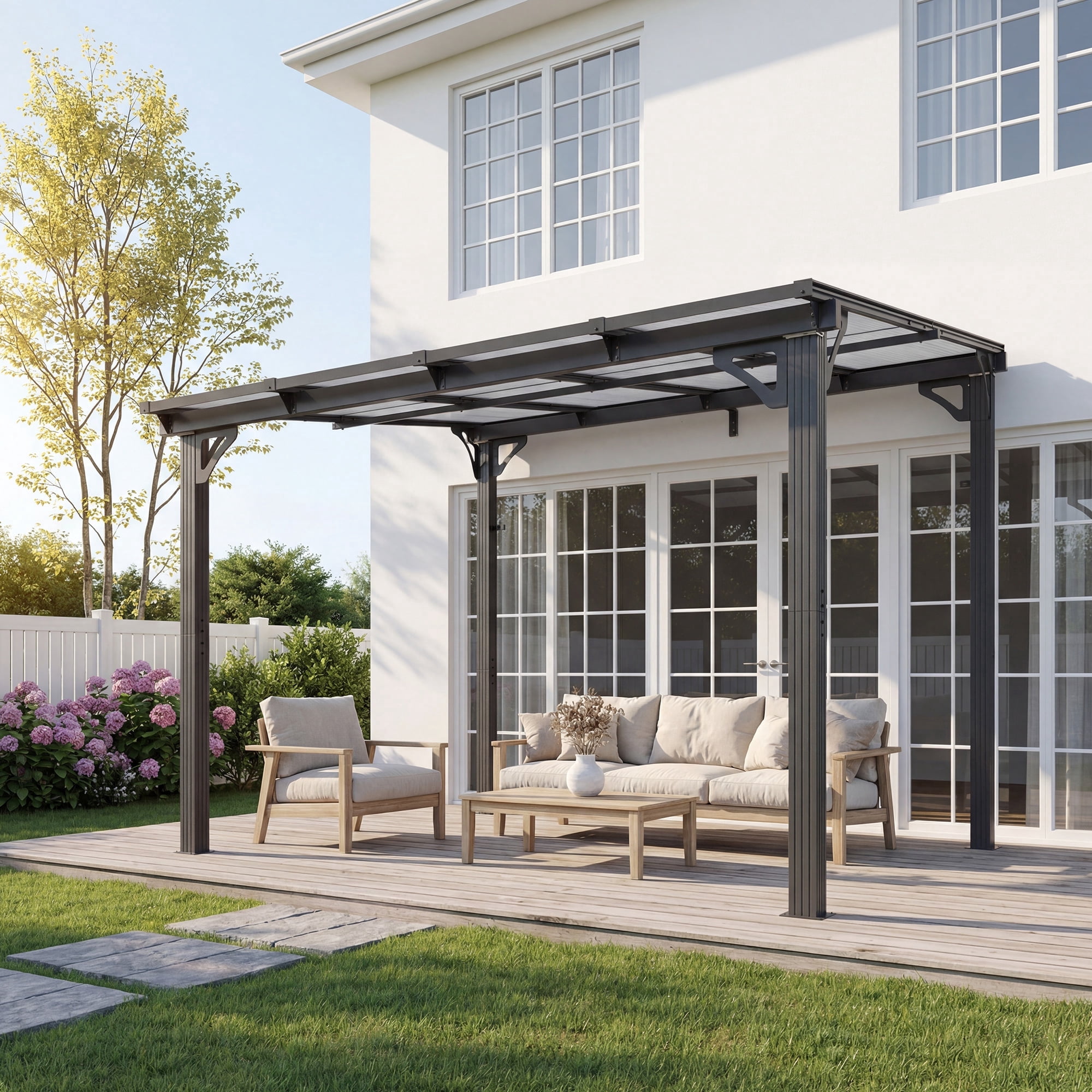 NETAJE 10'x8' Wall Mounted Pergola, Permanent Hardtop Aluminum Gazebo with Polycarbonate Roof for Patio Backyard Deck
