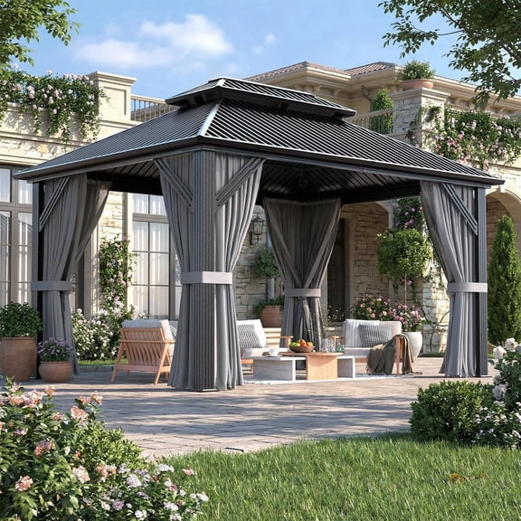 NETAJE 10x12 FT Hardtop Gazebo, Heavy Duty Gazebo with Aluminum Frame, Galvanized Steel Double Roof & Mosquito Net for Garden, Patio, Grey