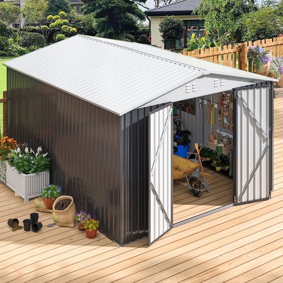 NETAJE 12x10 FT Outdoor Metal Storage Shed with Updated Frame Structure and Lockable Doors,Garden Shed for Backyard,Garden,Patio,Lawn