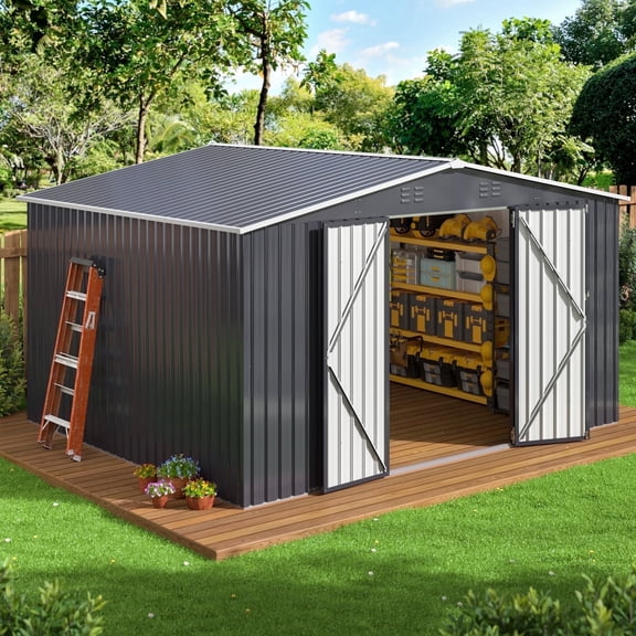 NETAJE 10x12ft Outdoor Metal Storage Shed with Updated Frame Structure and Lockable Doors,Garden Shed for Backyard, Garden, Patio, Lawn, Black