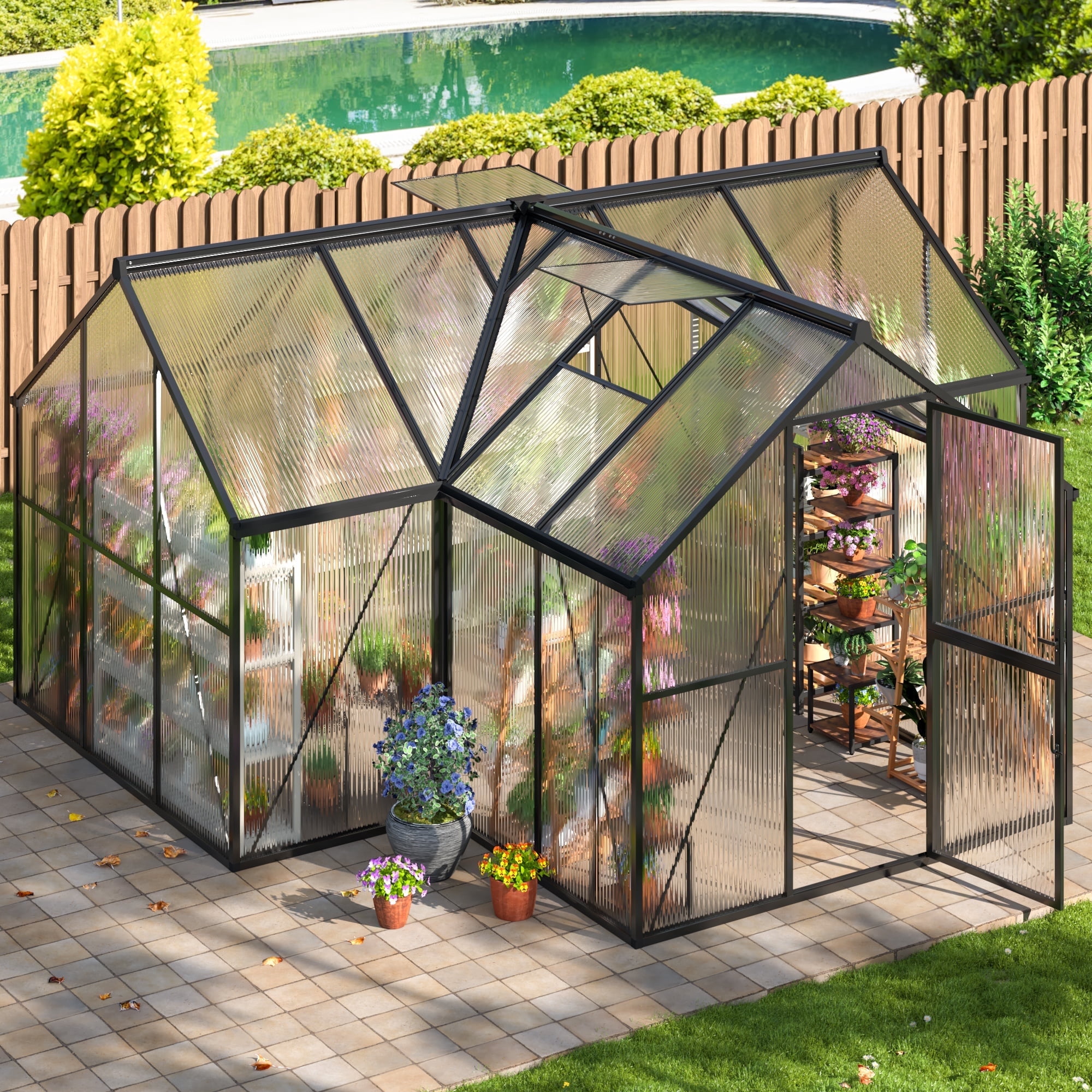 NETAJE 12'x12' T-Shape Outdoor Greenhouse, Double Roof Vents and Doors ...