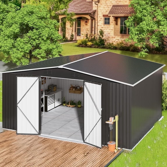 NETAJE 14'x12' Outdoor Metal Shed with Lockable Doors and Updated Frame for Backyard, Garden, Lawn, Black