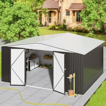 NETAJE 12'x14' Outdoor Metal Shed with Lockable Doors and Updated Frame for Backyard, Garden, Lawn, White
