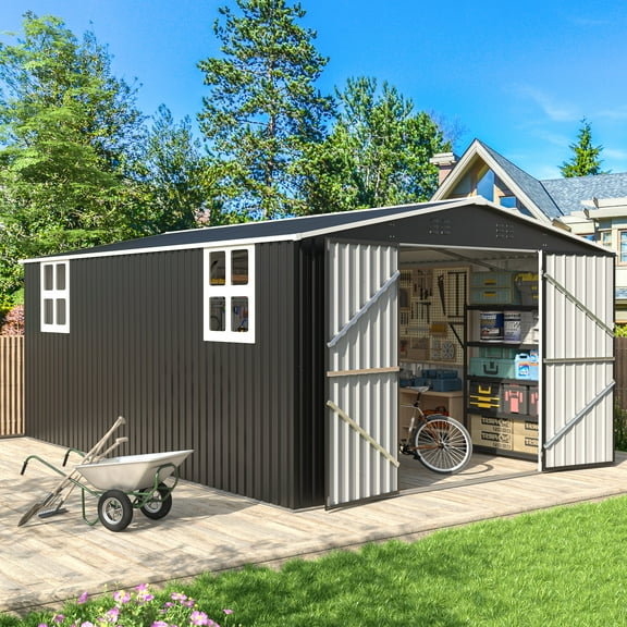 NETAJE 12'x16' Outdoor Metal Storage Garden Shed, Extra Large Storage Shed with 2 Window, Lockable Doors and Air Vent for Backyard, Garden, Lawn