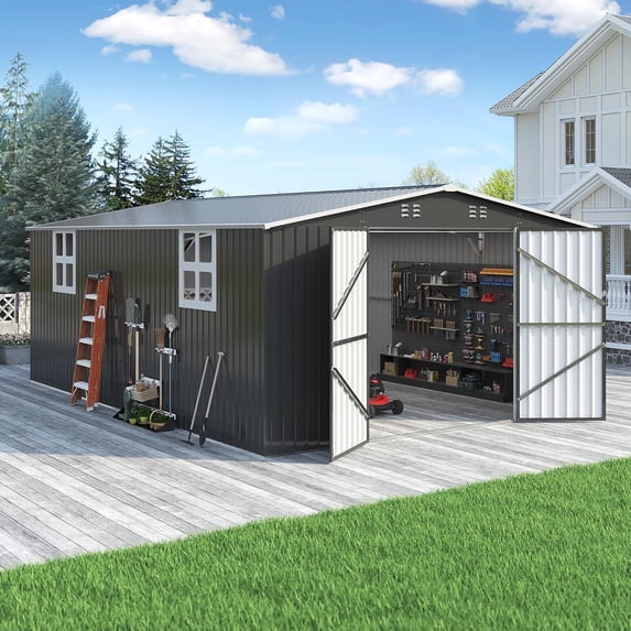 NETAJE 12'x18' Outdoor Metal Storage Garden Shed, Extra Large Storage Shed with 2 Window, Lockable Doors and Air Vent for Backyard, Garden, Lawn