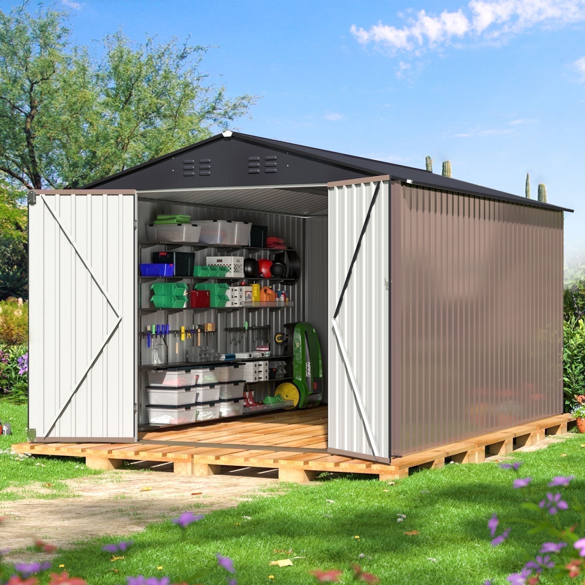 8' x 12' Brown Metal Outdoor Storage Shed with Lockable Doors