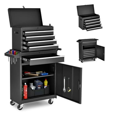 NETAJE Metal Tool Chest, 2 in 1 Steel Rolling Tool Box & Cabinet On Wheels for Garage, Detachable Top Tool Box and Lockable Wheels Metal Tool Cart for Garage, 5-Drawer, Black