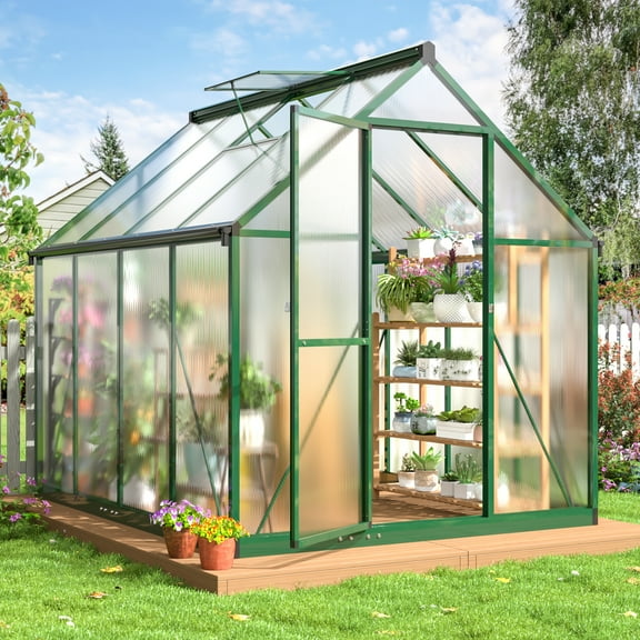 NETAJE 6'x 7'Polycarbonate Greenhouse,Large Aluminum Walk-in Green House with Window for Backyard,Green