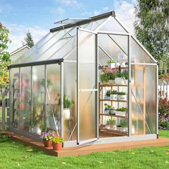 NETAJE 6'x 7'Polycarbonate Greenhouse,Large Aluminum Walk-in Green House with Window for Backyard,Sliver