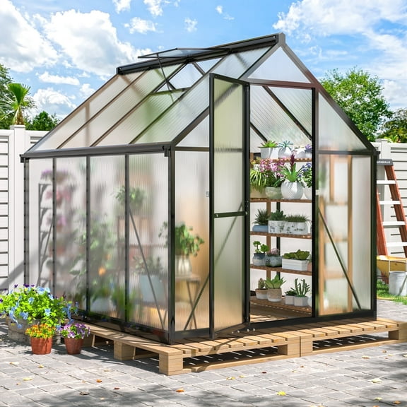 NETAJE 6'x7' Outdoor Greenhouse, Walk-in Polycarbonate Green House with Aluminum Frame for Backyard, Black