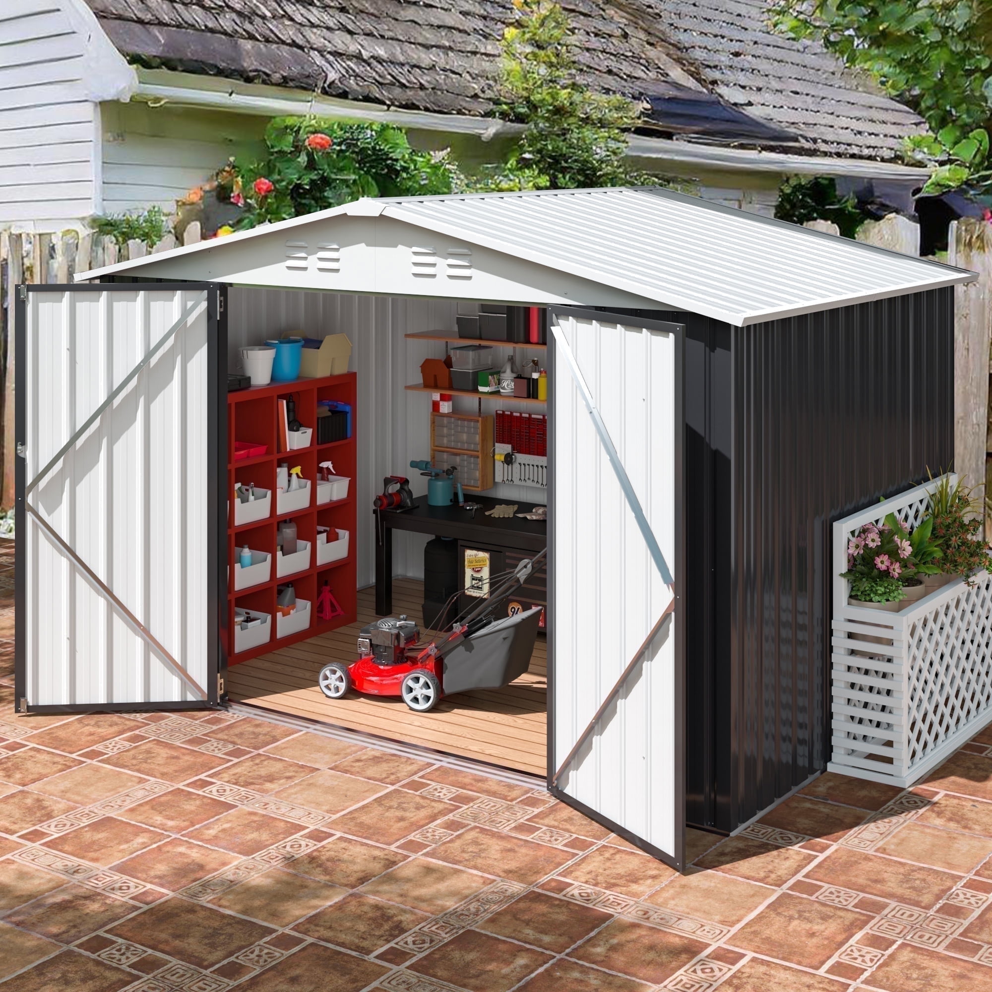 NETAJE 6'x8' Outdoor Metal Shed with Lockable Doors and Updated Frame for Backyard, White