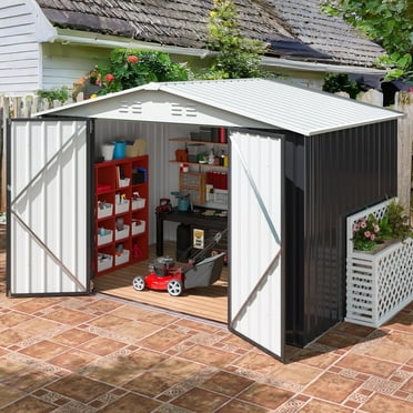 NETAJE 6'x8' Outdoor Metal Shed with Lockable Doors and Updated Frame for Backyard, White