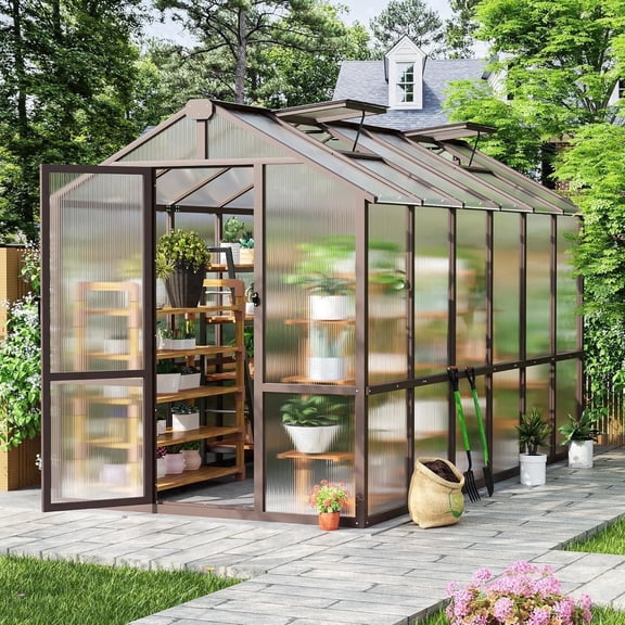 NETAJE 6x12 ft Walk-In Wooden Greenhouse, Heavy Duty Wooden Polycarbonate Outdoor Greenhouse with Locked Door & Ventilated Window for Backyard