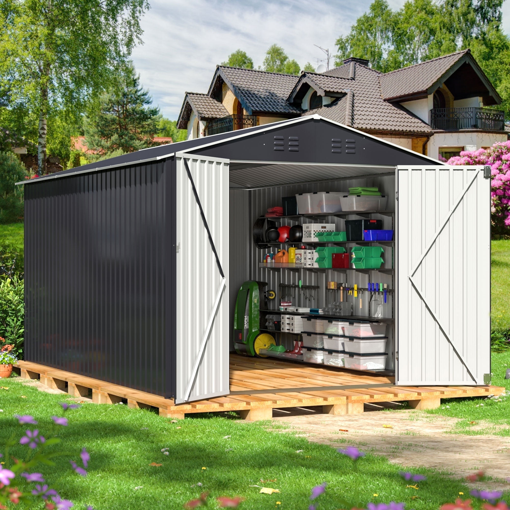 Gray 8' x 12' Metal Outdoor Storage Shed with Lockable Doors