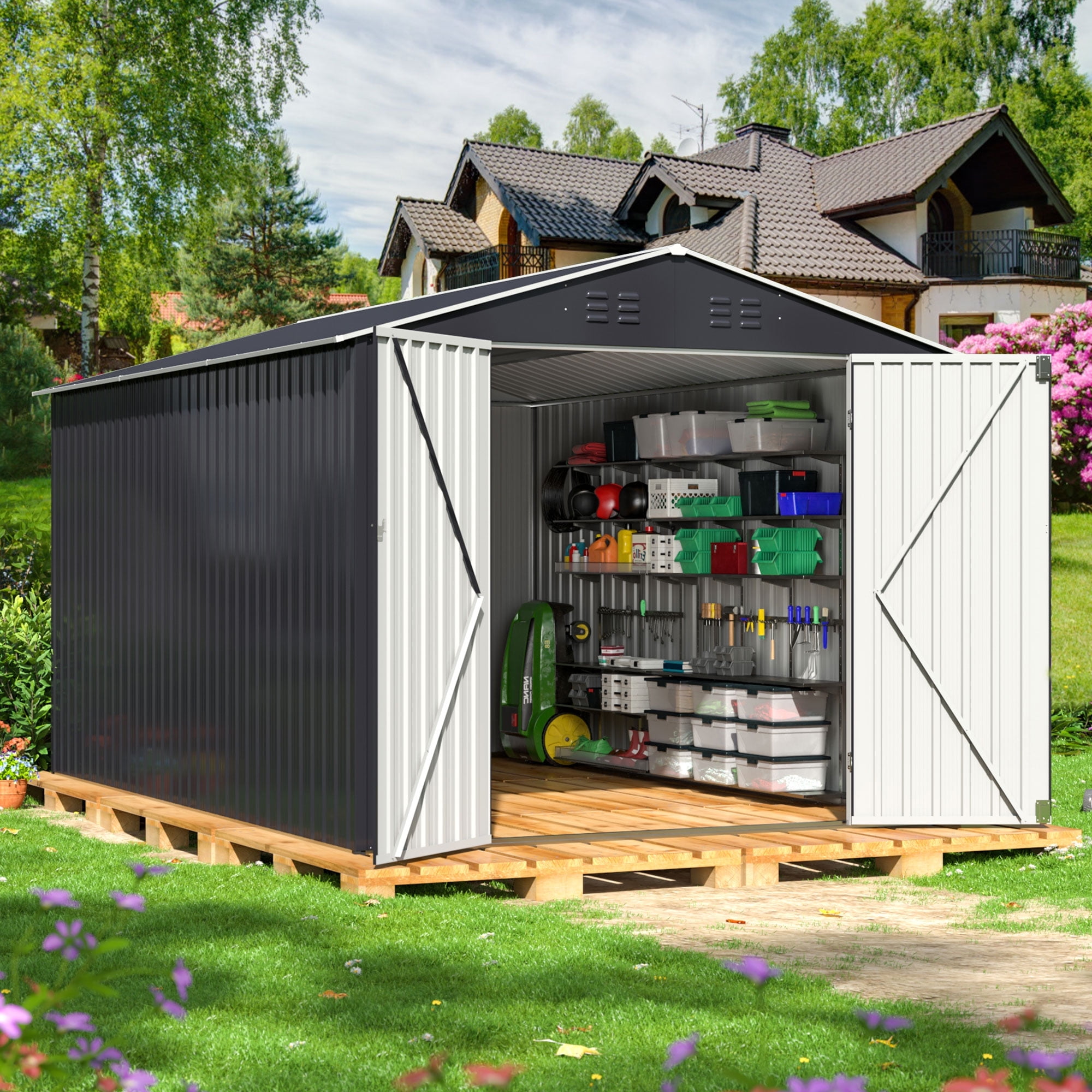 Gray 8' x 12' Metal Outdoor Storage Shed with Lockable Doors