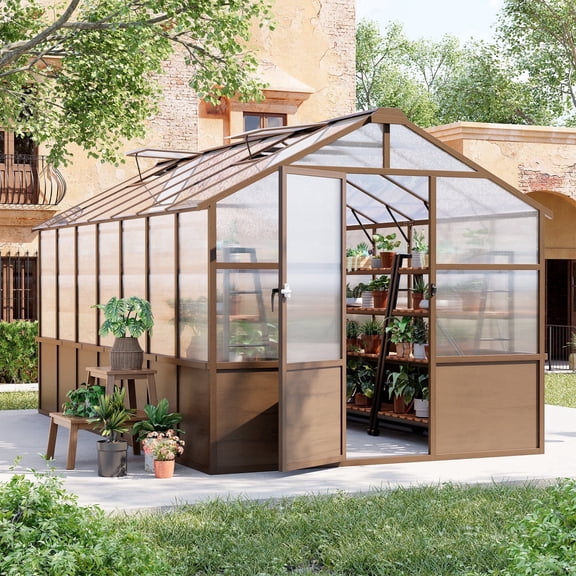 NETAJE 8x14 ft Walk-In Wooden Greenhouse, Heavy Duty Wooden Polycarbonate Outdoor Greenhouse with Locked Door & Ventilated Window for Backyard