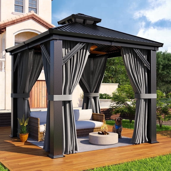 NETAJE 8x8 FT Hardtop Gazebo, Heavy Duty Gazebo with Aluminum Frame, Galvanized Steel Double Roof & Mosquito Net for Garden, Patio, Grey