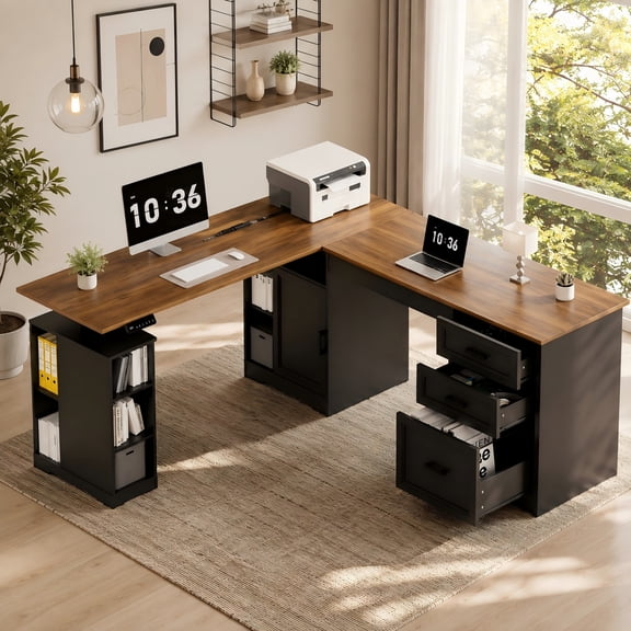 NETAJE L Shaped Electric Standing Desk, Height Adjustable Sit Stand Computer Desk with Power Outlet, Reversible Home Office Desk