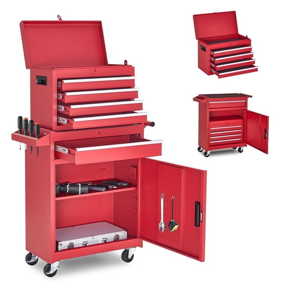 NETAJE Metal Tool Chest,2 in 1 Steel Rolling Tool Box & Cabinet On Wheels for Garage,Detachable Top Tool Box and Lockable Wheels Metal Tool Cart for Garage,5-Drawer