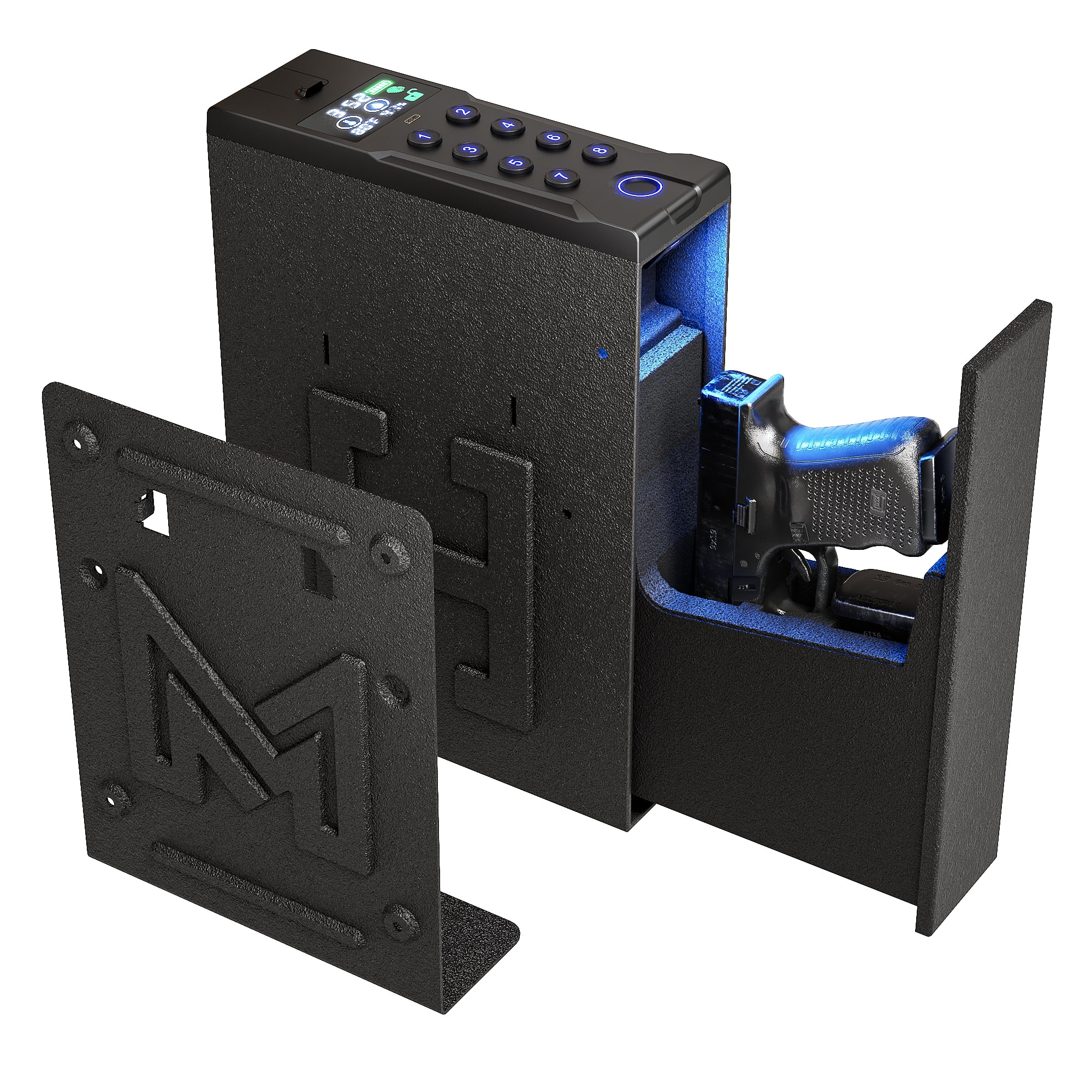 NETAJE Wall Safe Quick Access Gun Safe for Pistols -Fingerprint, Key Access, Pin Code Bedside Gun Safe for Bedside, Car & Home Security