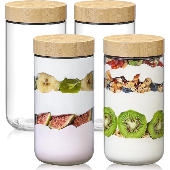 4 Pack 24oz Glass jars with Airtight Lids, Overnight Oats Containers with Bamboo Lids, Glass Food Storage Containers for Snacks Yogurt Spice Sugar