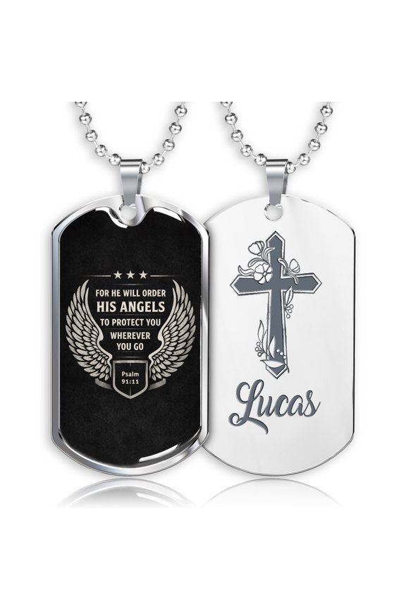 Personalized For He Will Order His Angels Christian Dog Tag Necklace for Men, Custom Stainless Steel Engraved Pendant, Jewelry Gifts for Men