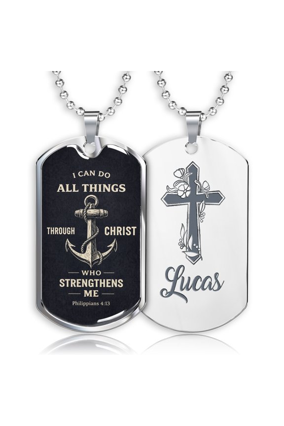 Personalized I Can Do All Things Through Christ Who Strengthens Me Christian Dog Tag Necklace for Men, Custom Stainless Steel Engraved Pendant, Jewelry Gifts for Men