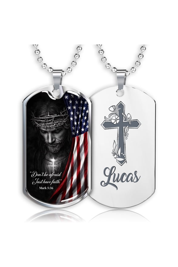 Personalized Jesus with American Flag Christian Dog Tag Necklace for Men, Custom Stainless Steel Engraved Pendant, Jewelry Gifts for Men