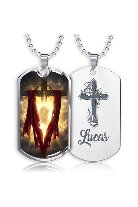 Personalized Lion Cross Christian Dog Tag Necklace for Men, Custom Stainless Steel Engraved Pendant, Jewelry Gift for Men