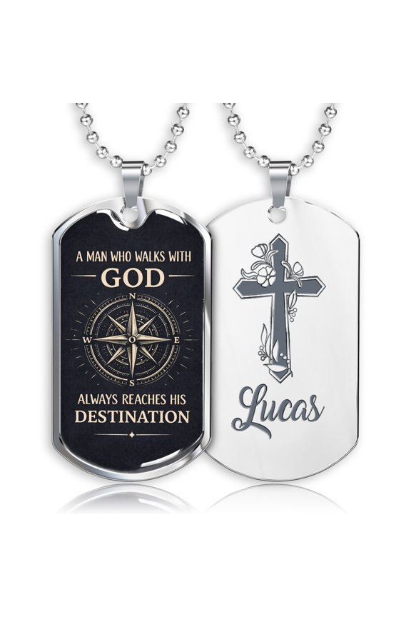 Personalized A Man Who Walks with God Always Reaches His Destination Christian Dog Tag Necklace for Men, Custom Stainless Steel Engraved Pendant, Jewelry Gifts for Men