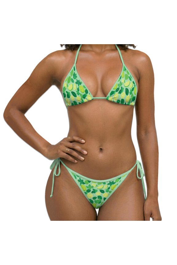 NETDECOR Women Two Piece Bikini Swimsuit, Lemon Pattern Print Halter Triangle Sets with Removable Padding, Tie Side Bottom