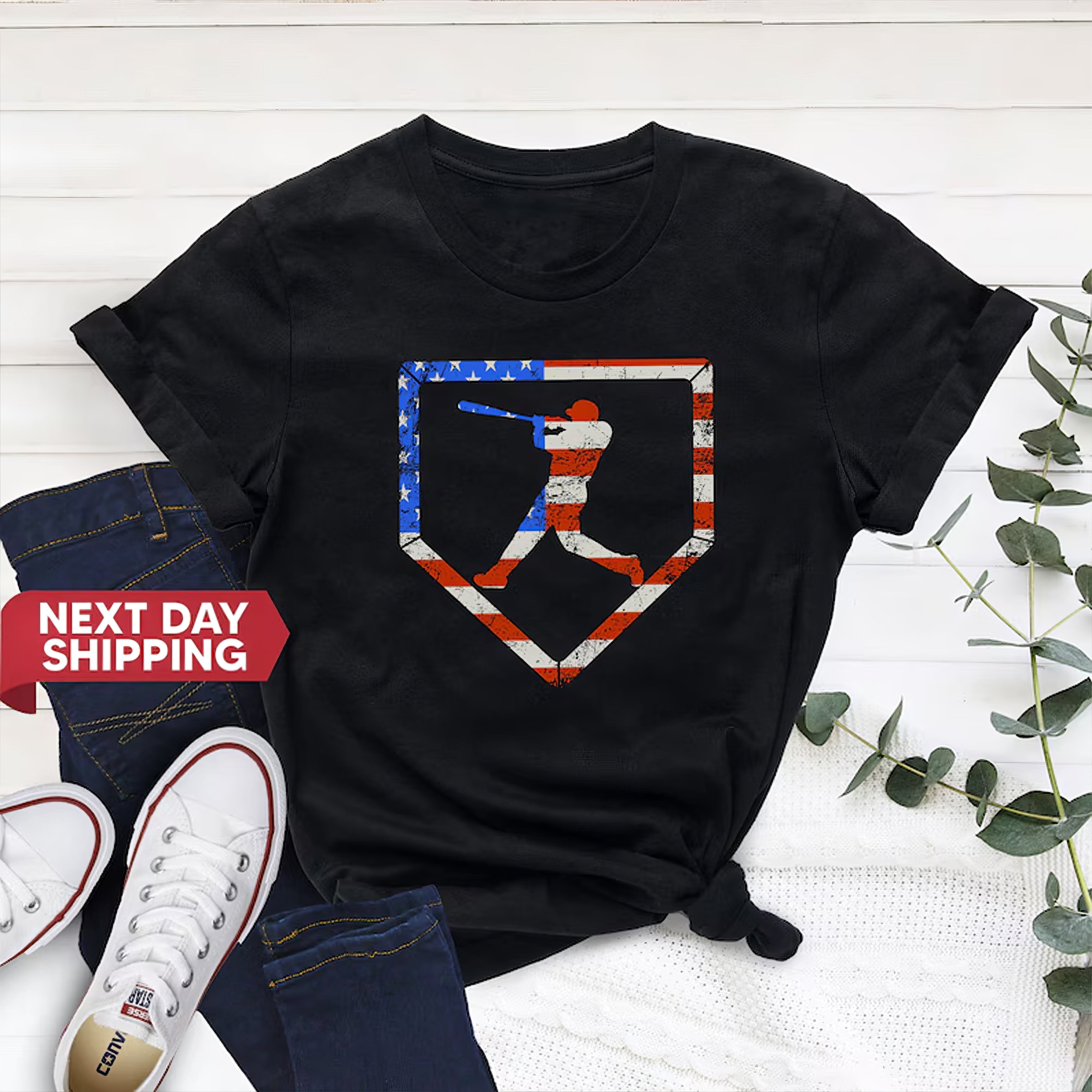NETECOM Baseball Batter USA Flag Home Plate Shirt - Patriotic Baseball Fan Tee - 4th of July Game Day Shirt - American Sports Graphic Tee – Classic Unisex Sizes S-5XL