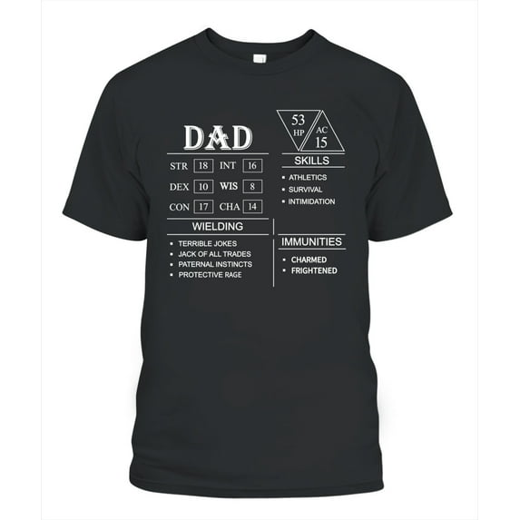 NETECOM D&D Dad Character Sheet T-Shirt, Funny RPG Stats Graphic Tee, Tabletop Gaming Gift for Nerdy Fathers, S-5XL