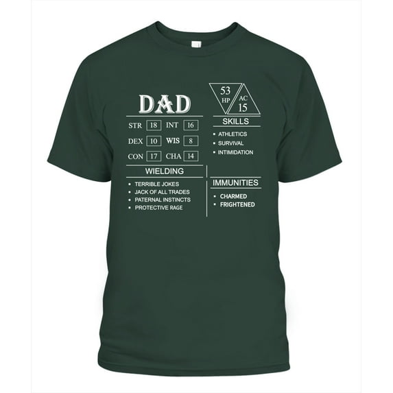 NETECOM D&D Dad Character Sheet T-Shirt, Funny RPG Stats Graphic Tee, Tabletop Gaming Gift for Nerdy Fathers, S-5XL