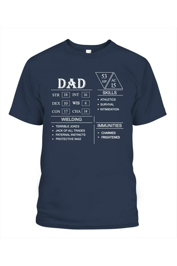 NETECOM D&D Dad Character Sheet T-Shirt, Funny RPG Stats Graphic Tee, Tabletop Gaming Gift for Nerdy Fathers, S-5XL