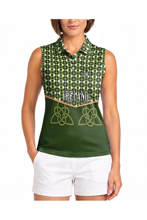 Women’s Ireland Celtic Knot Print Sleeveless Golf Polo Shirt, Moisture Wicking Stretch Summer Top
