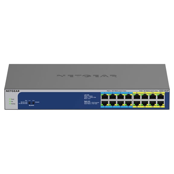 NETGEAR 16-Port Gigabit Ethernet High-Power PoE+ Unmanaged Switch with 8-Ports. Gray