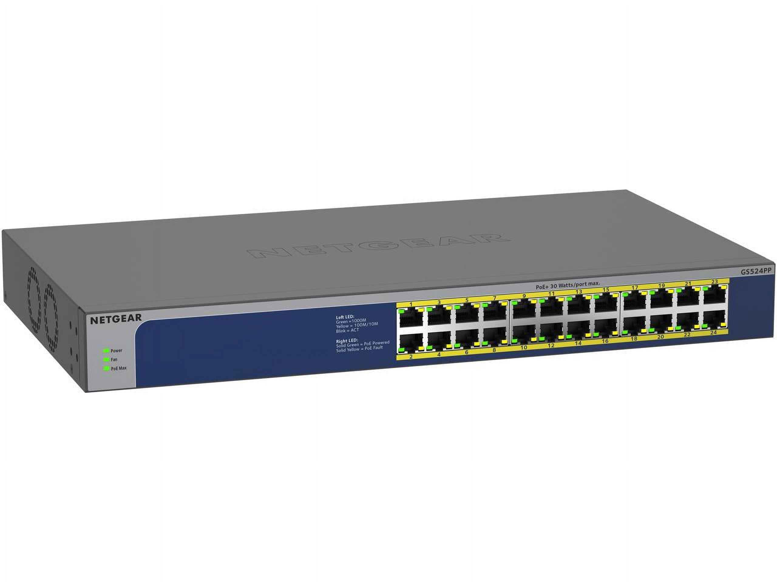 NETGEAR 24-Port Gigabit Ethernet Unmanaged PoE Switch (GS524PP) - with 24 x PoE+ @ 300W, Desktop/Rackmount, and ProSAFE Lifetime Protection